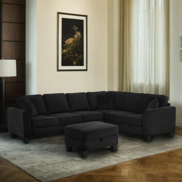 112 22 Width Black L Shape Livingroom Furniture Sets With Storage Ottoman