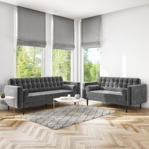 mid century quilted grey velvet 3 seater and 2 seater sofa set fatima