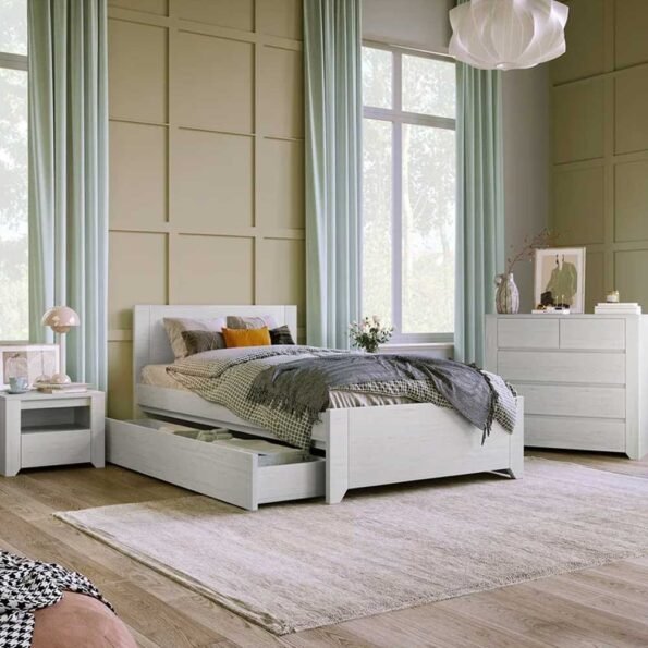 three piece wood bedroom set with twin bed nightstand and chest in off white