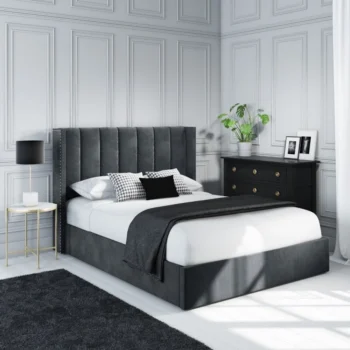 Home 30 comfort calm grey velvet small double ottoman bed with winged headboard