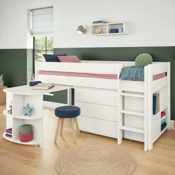 Rukn Stompa Uno Midsleeper With Pull Out Desk, Chest of Drawers and Cube Unit, Pine