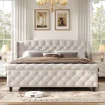 Amara Traditional Velvet Upholstered Sleigh Bed with Wingback Headboard & Scroll Footboard