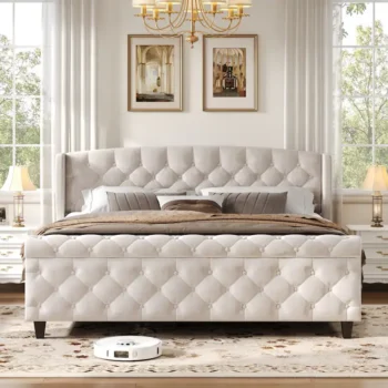 Amara Traditional Velvet Upholstered Sleigh Bed with Wingback Headboard & Scroll Footboard