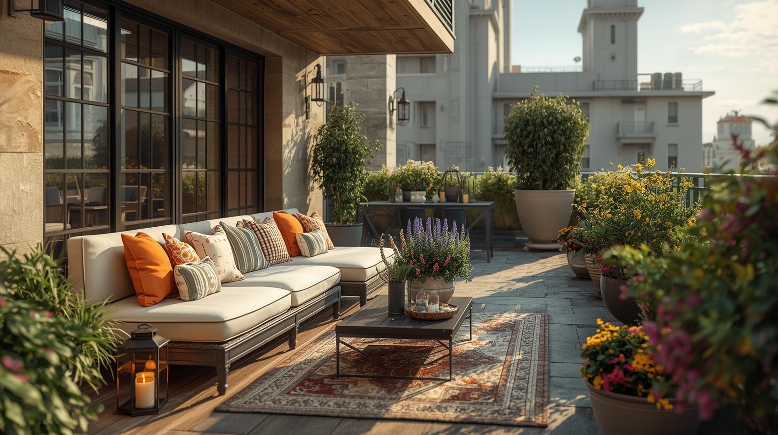 Outdoor Living Spaces Styled balcony or terrace with outdoor cushions planters lanterns decorative elements 2560 by 1772