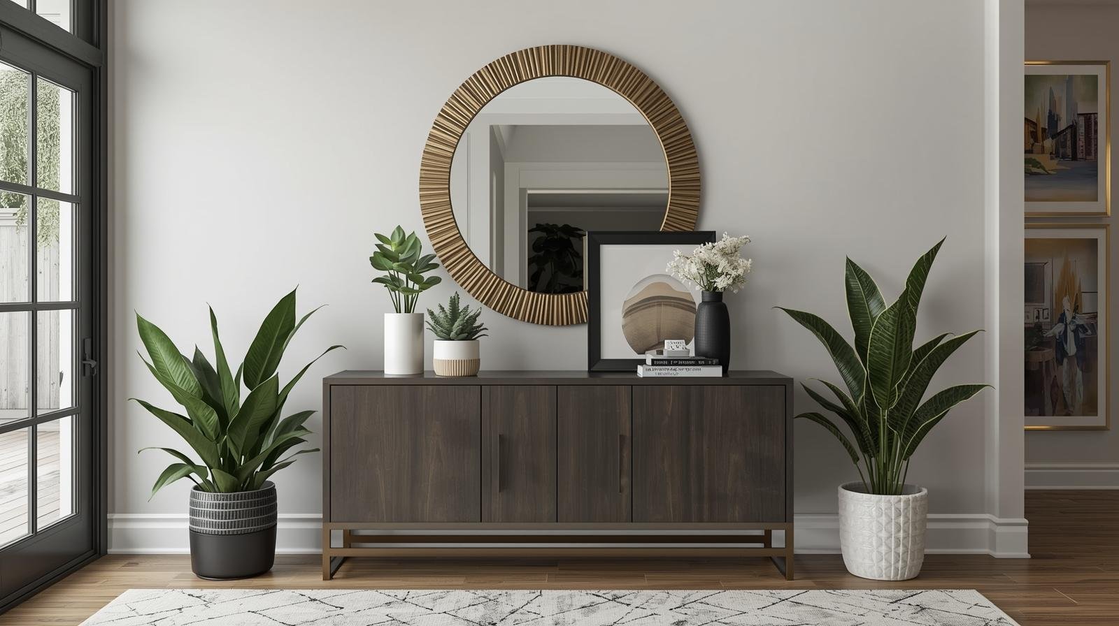 Styled entryway with console table mirror art plants creating strong first impression 2560 by 1772
