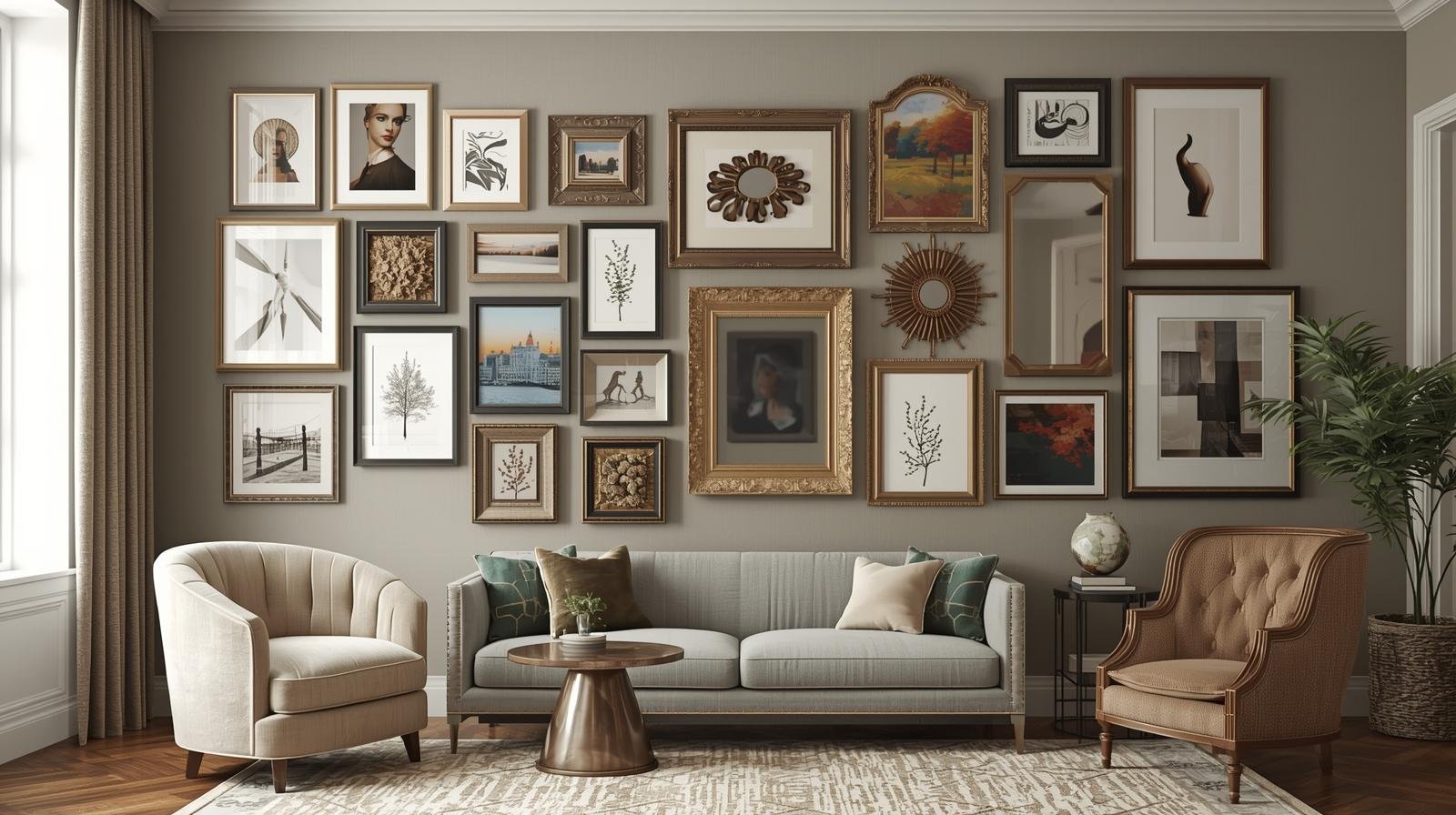 Wall Gallery Installations Gallery wall arrangement with mixed frames art pieces mirrors creating statement wall with sofs or chaiers set at the corner 2560 by 1772